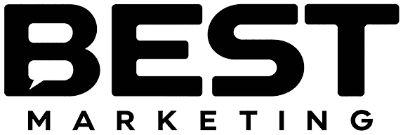The image shows the words BEST MARKETING in bold black letters, with a speech bubble forming part of the letter B..
