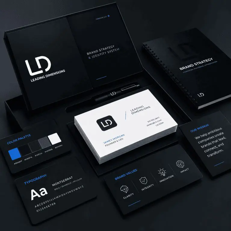 A set of black and white branded office materials, including business cards, notebooks, and pens, for Leading Dimensions. Color palette, typography, and brand values cards are also displayed.