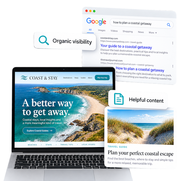 A laptop displaying a coastal travel website, with Google search results for how to plan a coastal getaway, and icons labeled Organic visibility and Helpful content..
