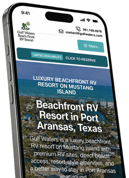 A smartphone screen displays a website for Gulf Waters Beachfront RV Resort, highlighting luxury beachfront RV accommodations in Port Aransas, Texas, with options to check availability and make a reservation.