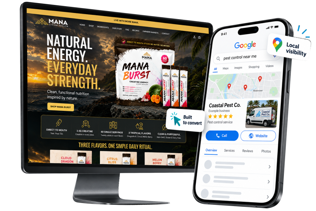 A desktop monitor displays a supplement website, while a smartphone screen shows a Google business listing for a pest control company with reviews and a mobile van image.