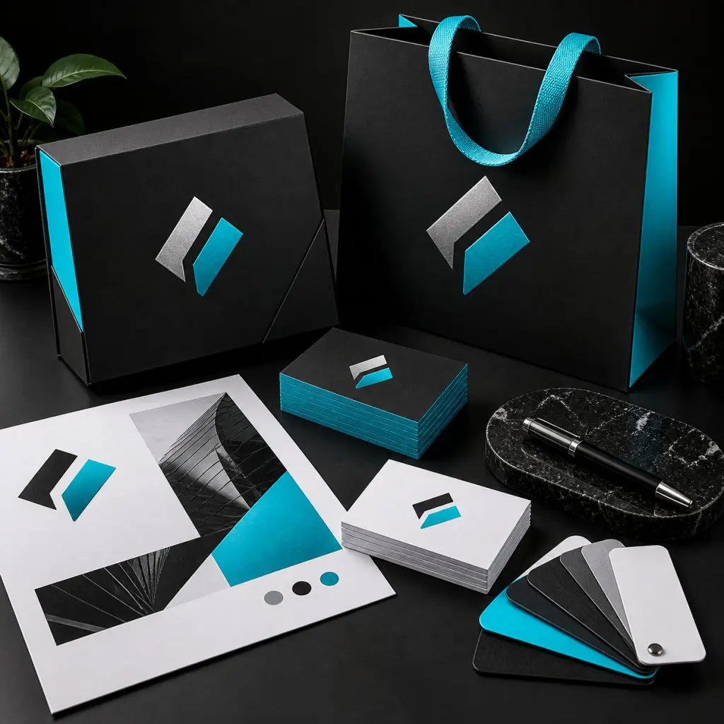 Black, white, and teal branded stationery set on a black surface, including a gift bag, envelope, cards, paper, pen, and color swatches, all featuring a modern geometric logo.