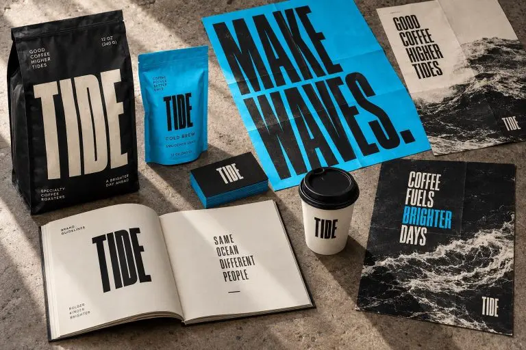 A variety of TIDE-branded coffee items, including bags, a cup, a booklet, business cards, posters, and a flyer with ocean wave graphics and bold black-and-blue typography.