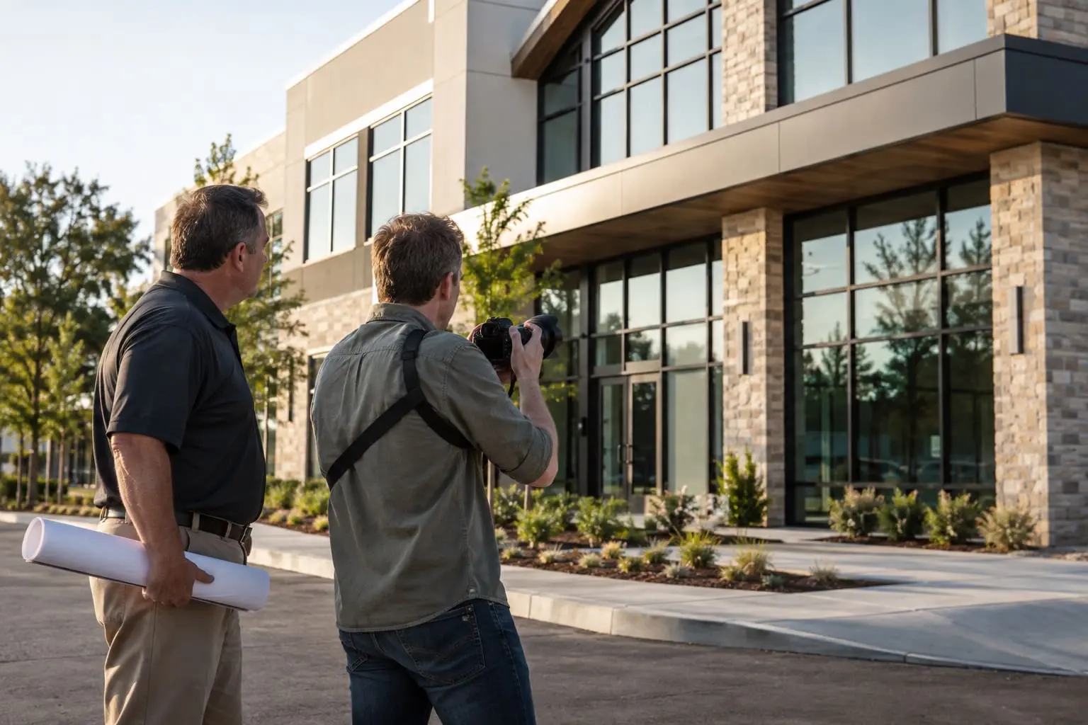 Two men stand outside a modern building; one holds blueprints, and the other takes photos with a camera. Large windows and landscaping are visible.