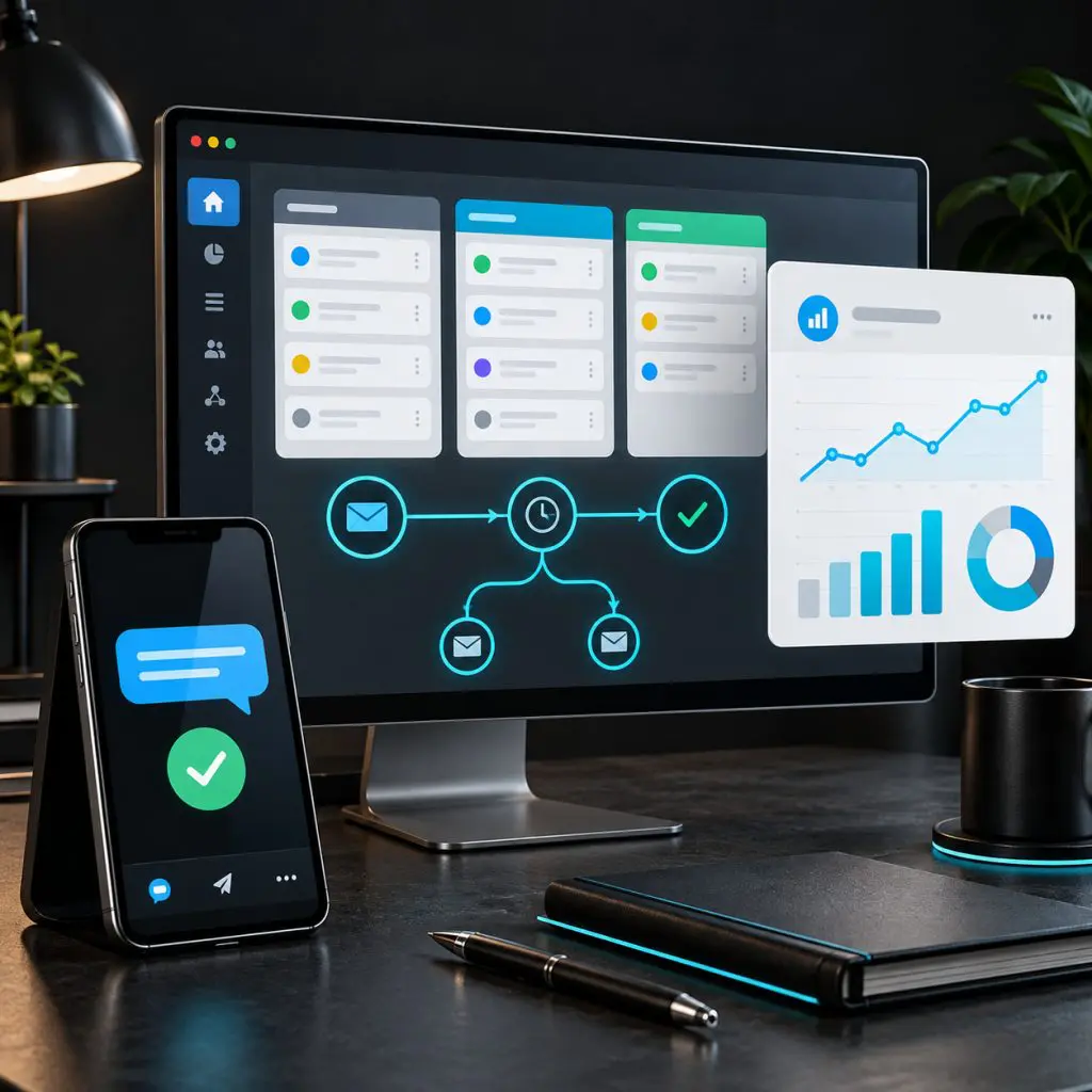 A desktop and smartphone on a desk display digital dashboards with charts, graphs, and notifications, representing productivity and data analysis in a modern office setting.