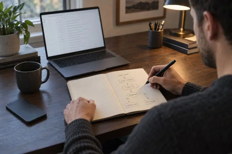 A person sits at a wooden desk with a laptop, phone, coffee mug, and notebook, drawing a flowchart. A plant, lamp, and books are also on the desk. The scene suggests planning or studying in a home office setting.