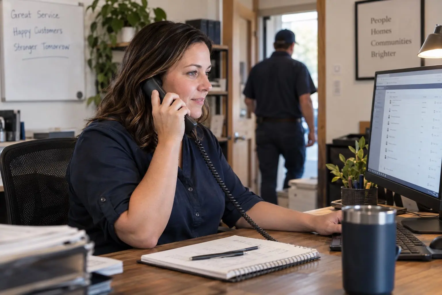 A woman sits at a desk, talking on the phone and looking at a computer screen, with a notebook and mug nearby. A man is walking out an open door in the background.