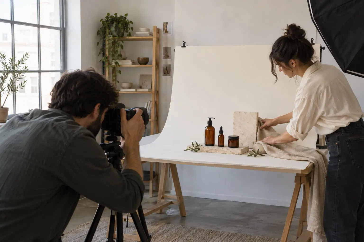 A photographer captures a woman arranging skincare products and props on a table in a bright studio with a white backdrop, shelves, and plants in the background.
