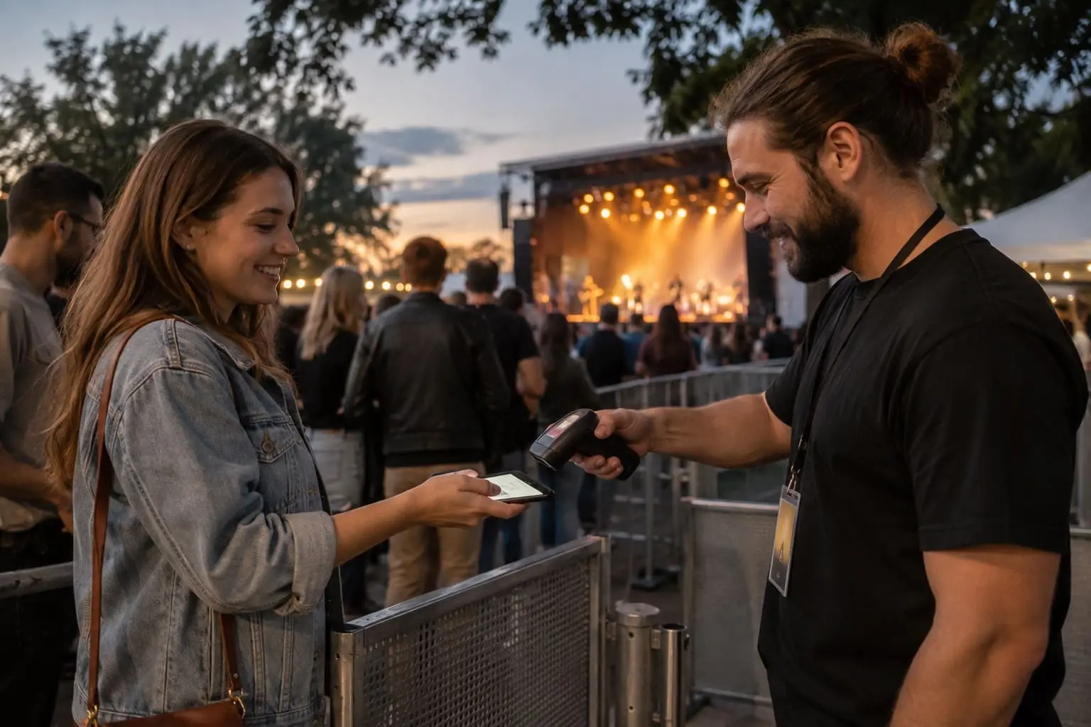 A woman has her phone ticket scanned by an event staff member at an outdoor concert entrance, with a stage and crowd visible in the background at sunset.