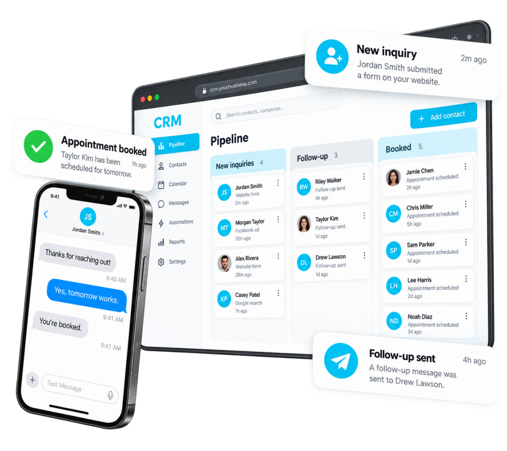 A CRM dashboard on a desktop screen shows a pipeline view, with pop-up notifications for booking, inquiries, and follow-ups, plus a smartphone displaying a text conversation about scheduling an appointment.