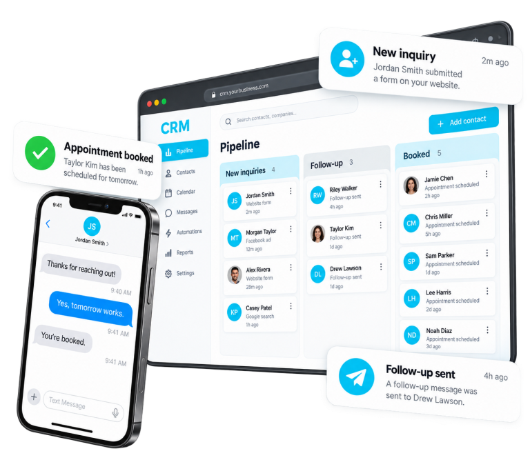 A CRM dashboard on a desktop screen shows a pipeline view, with pop-up notifications for booking, inquiries, and follow-ups, plus a smartphone displaying a text conversation about scheduling an appointment.