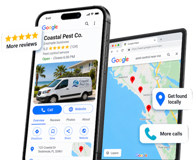Two smartphones show a pest control business on Google, with its rating, reviews, and contact details. The second phone displays a map with red location pins and callout bubbles saying More reviews, More calls, and Get found locally..