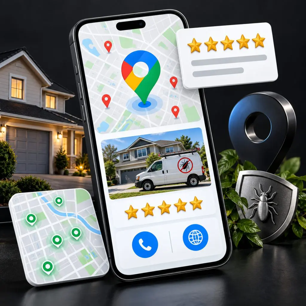 A smartphone displays a map with location pins, house, and pest control van images, alongside star ratings and pest icons, suggesting a pest control service with customer reviews and location tracking.