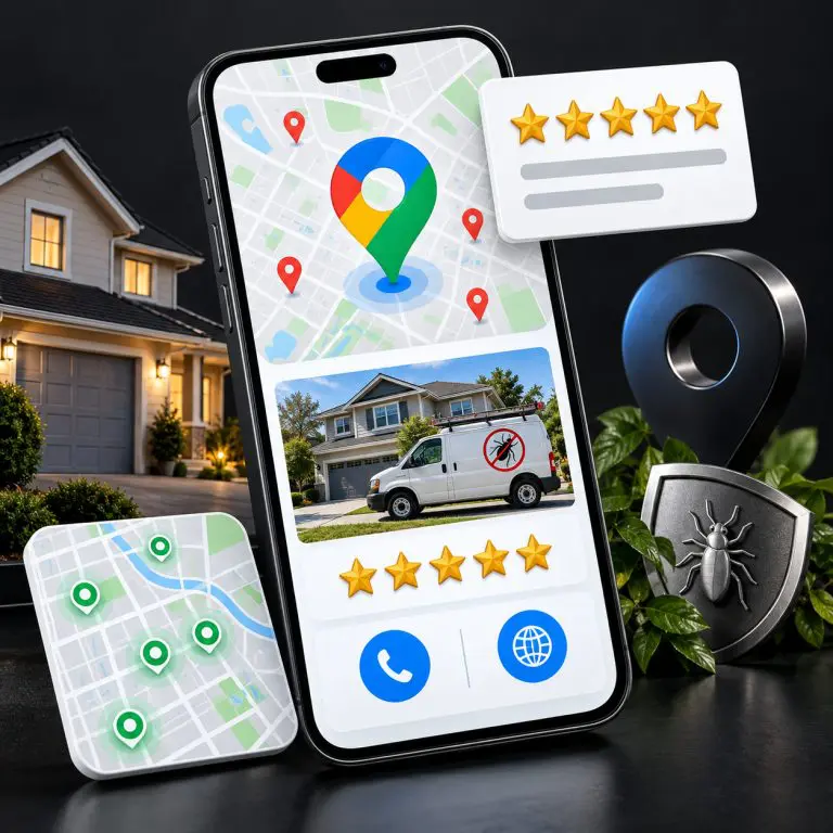 A smartphone displays a map with location pins, house, and pest control van images, alongside star ratings and pest icons, suggesting a pest control service with customer reviews and location tracking.