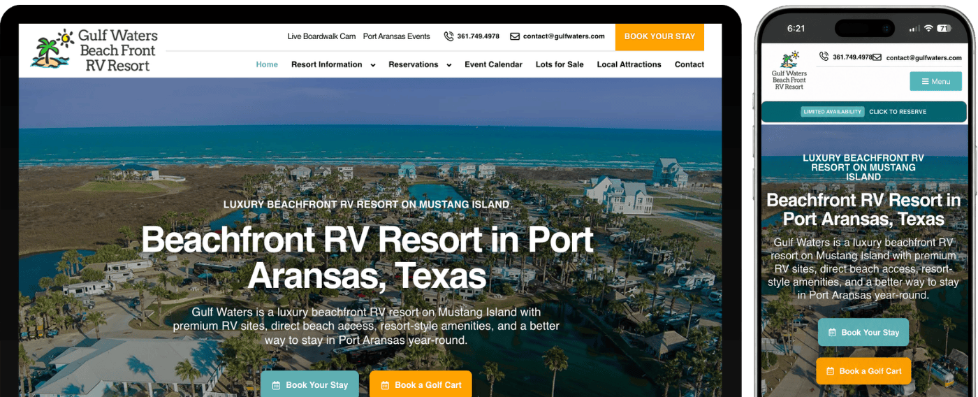 Website homepage for Gulf Waters Beachfront RV Resort in Port Aransas, Texas, shown on a desktop and mobile device, featuring a beach, palm trees, and booking buttons.