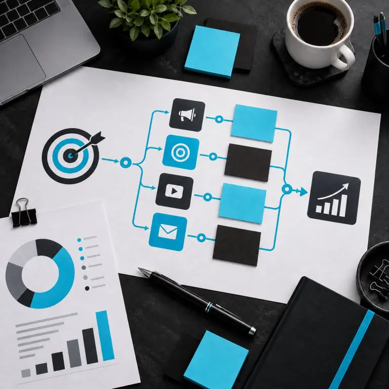 A desk with business charts, a laptop, coffee, sticky notes, and a marketing workflow diagram featuring icons for target, megaphone, camera, play, and email, along with growth and pie chart graphics.