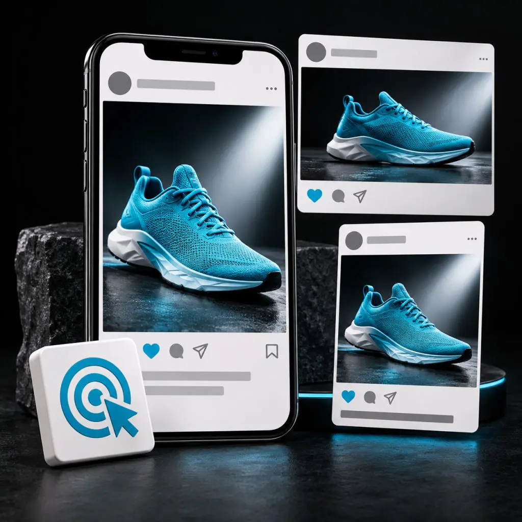 A blue athletic shoe is displayed on a smartphone screen and two social media post mockups, with a target icon beside them, set against a dark, modern background.