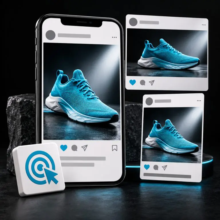 A blue athletic shoe is displayed on a smartphone screen and two social media post mockups, with a target icon beside them, set against a dark, modern background.