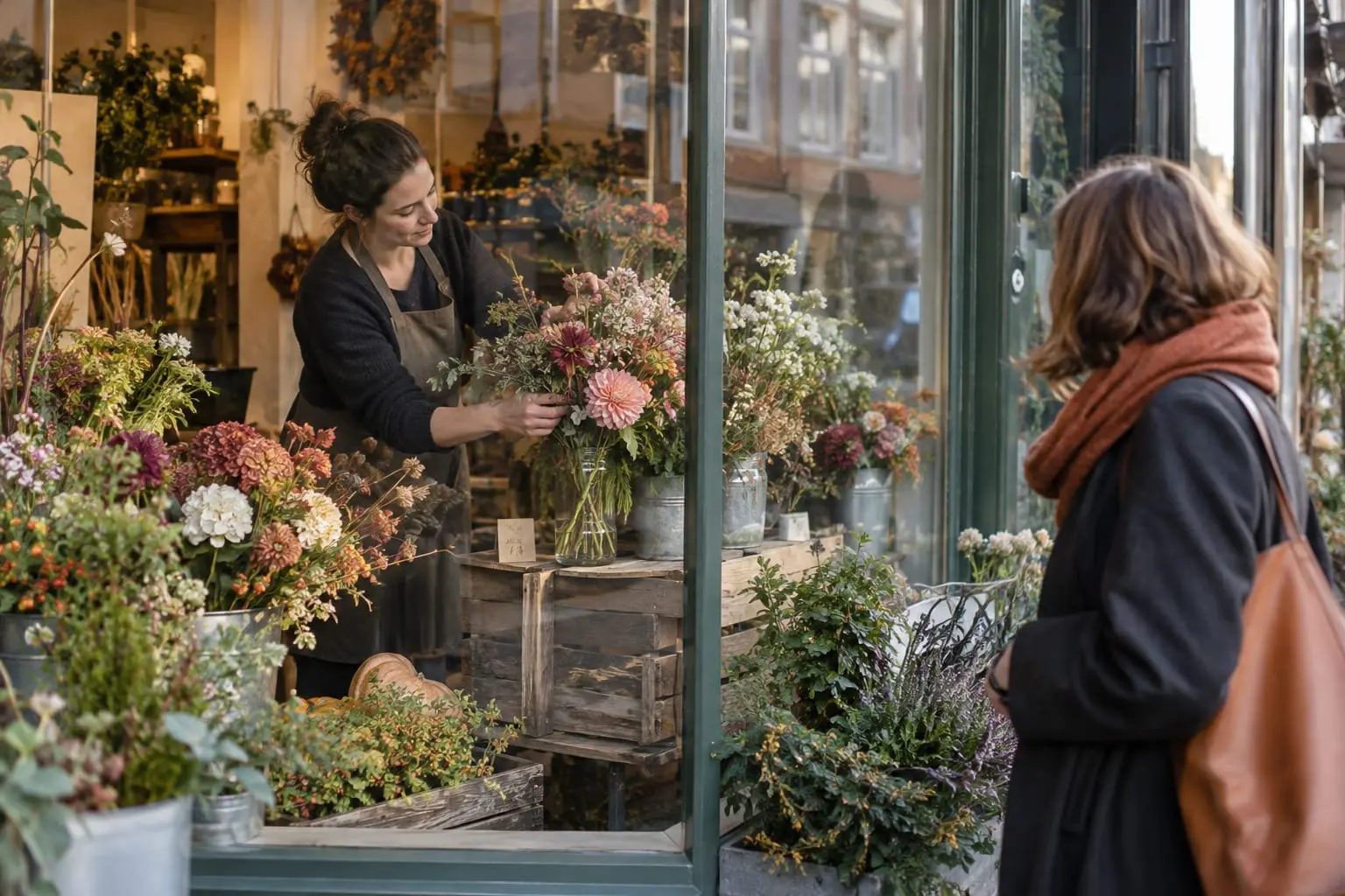 A florist arranges flowers in a shop window, while a person with a brown scarf and tote bag stands outside looking in. Various colorful floral arrangements fill the display.
