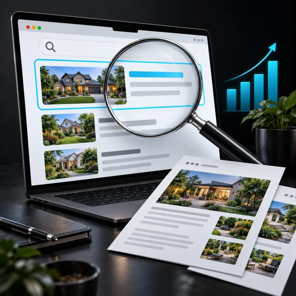 A laptop displays a real estate website with property listings, a magnifying glass highlights a section, printed listings are in the foreground, and a bar graph with an upward arrow appears in the background.