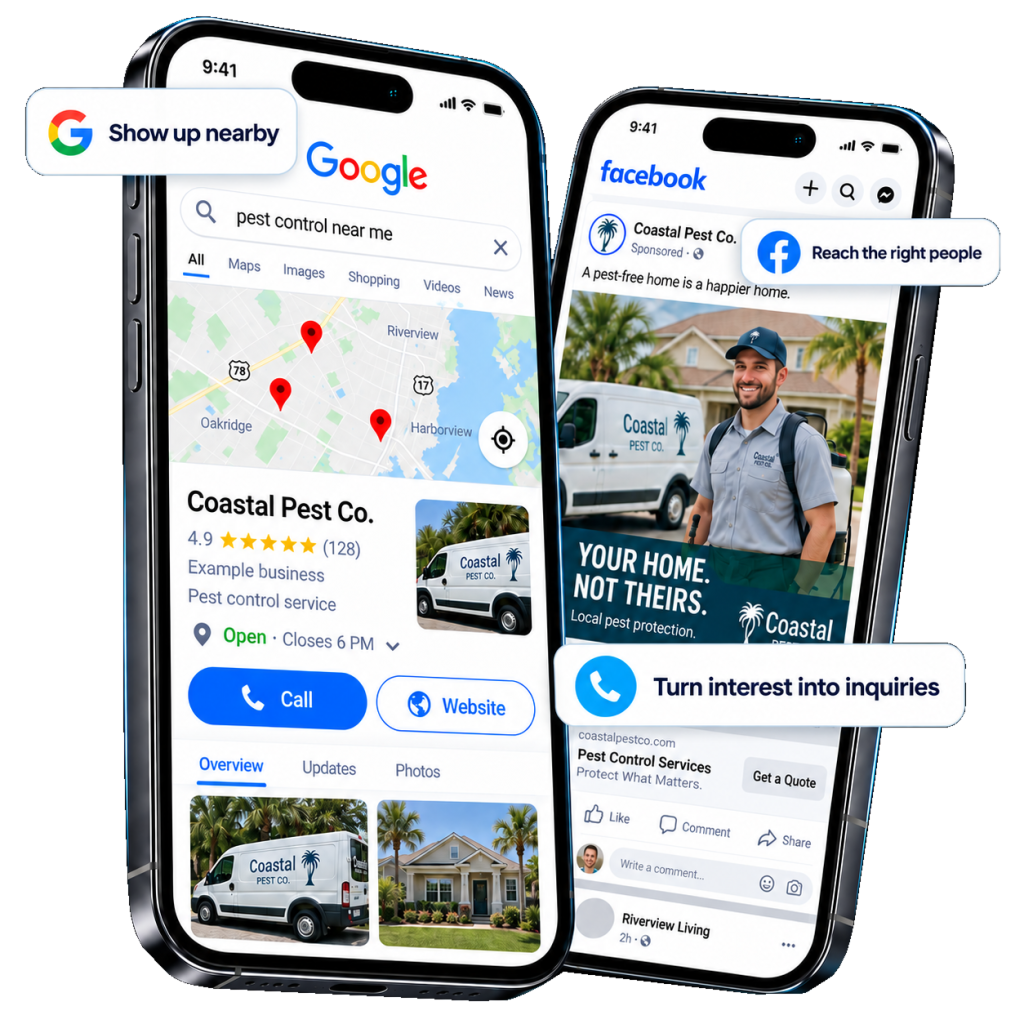 Two smartphones display a pest control company’s Google search results and Facebook ad, highlighting features like showing up nearby, reaching the right people, and turning interest into inquiries—with proven strategies from a full-service marketing agency.