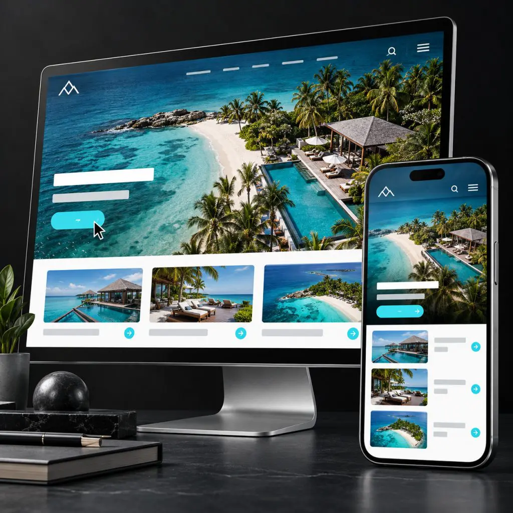A desktop monitor and smartphone display a travel website showing tropical beaches, blue ocean, and palm trees, suggesting vacation destinations. The devices are placed on a modern black desk.