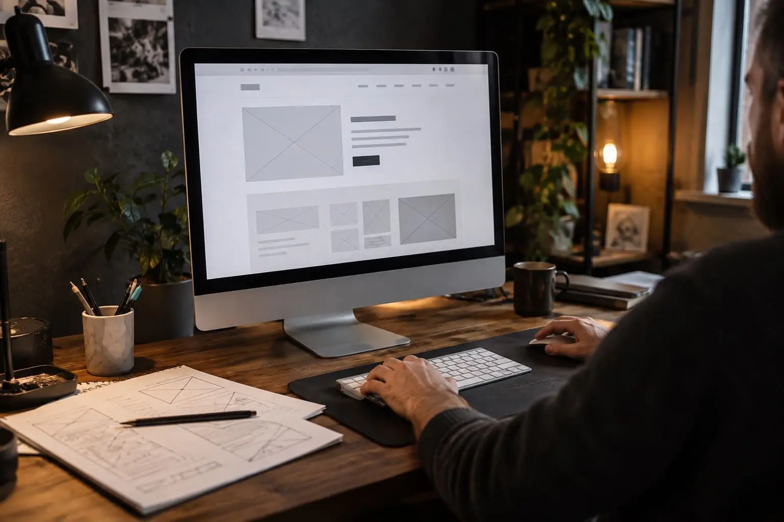 A person works at a desk with a computer displaying a website layout. Papers, a keyboard, mouse, coffee mug, and desk lamp are visible. The workspace is cozy, with plants and shelves in the background.