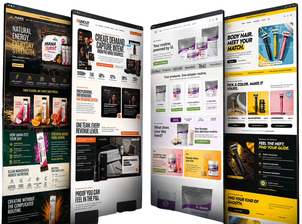 Four website landing pages showcasing supplements, health products, and grooming items, each with colorful product images, bold headlines, and various call-to-action buttons on modern, angled browser windows.