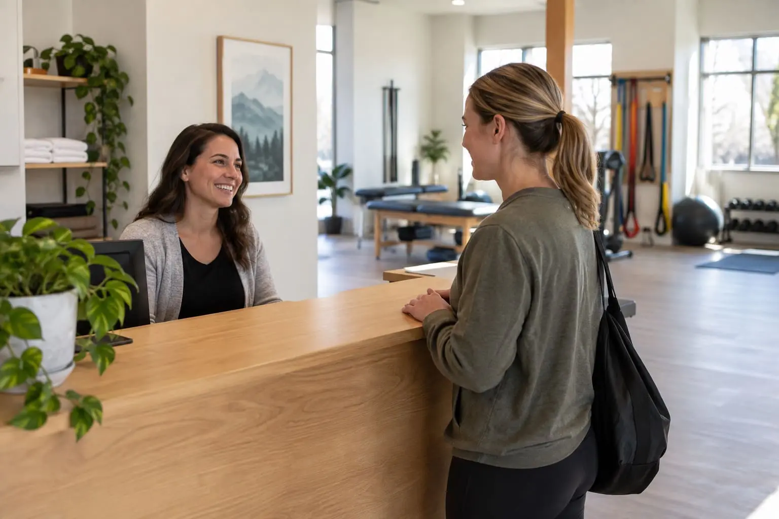 A smiling receptionist greets a woman carrying a gym bag at a bright, modern fitness or wellness center with exercise equipment and plants in the background.