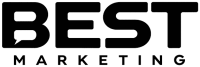 The image shows the words BEST MARKETING in bold black letters, with a speech bubble forming part of the letter B..