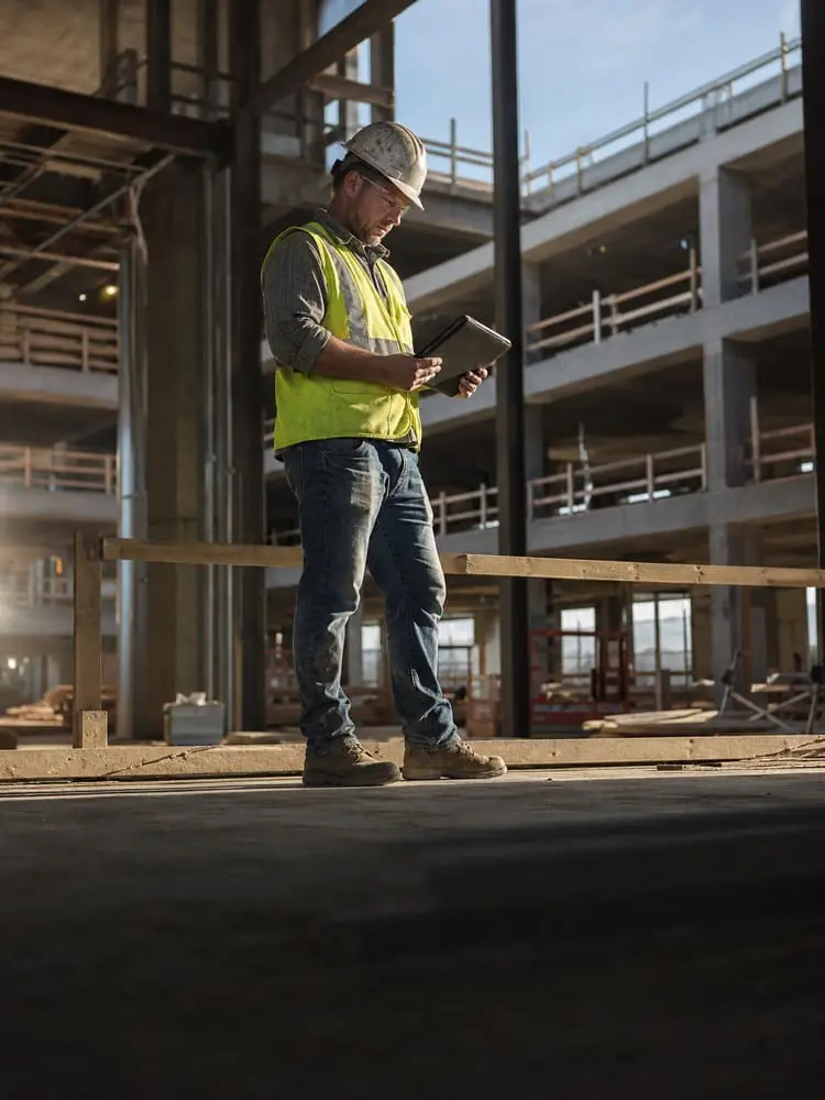A construction worker in a hard hat and safety vest stands inside a building under construction, looking at a tablet. Sunlight streams through large windows in the background.