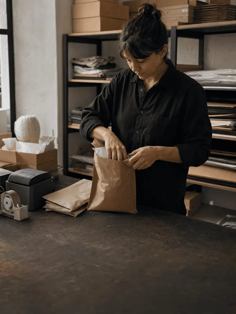 A person wearing a black shirt stands at a worktable, placing items into a brown paper bag. Shelves with organized supplies are visible in the background.