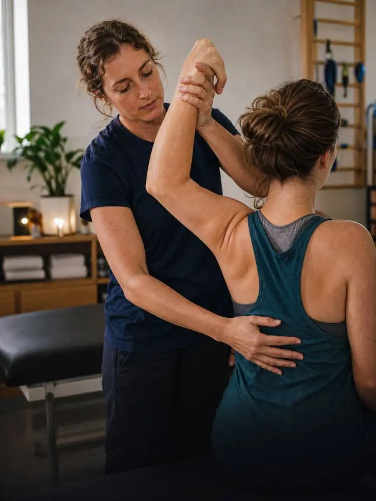 A physical therapist helps a woman stretch her arm and shoulder during a rehabilitation session in a clinic setting.