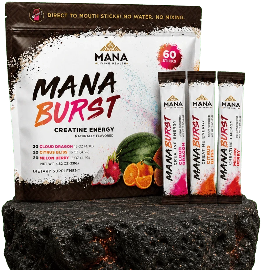 Mana Burst creatine energy supplement sticks and package on a black rock. The package displays fruit flavors, serving info, and colorful branding. Three individual sticks are shown upright next to the main bag.