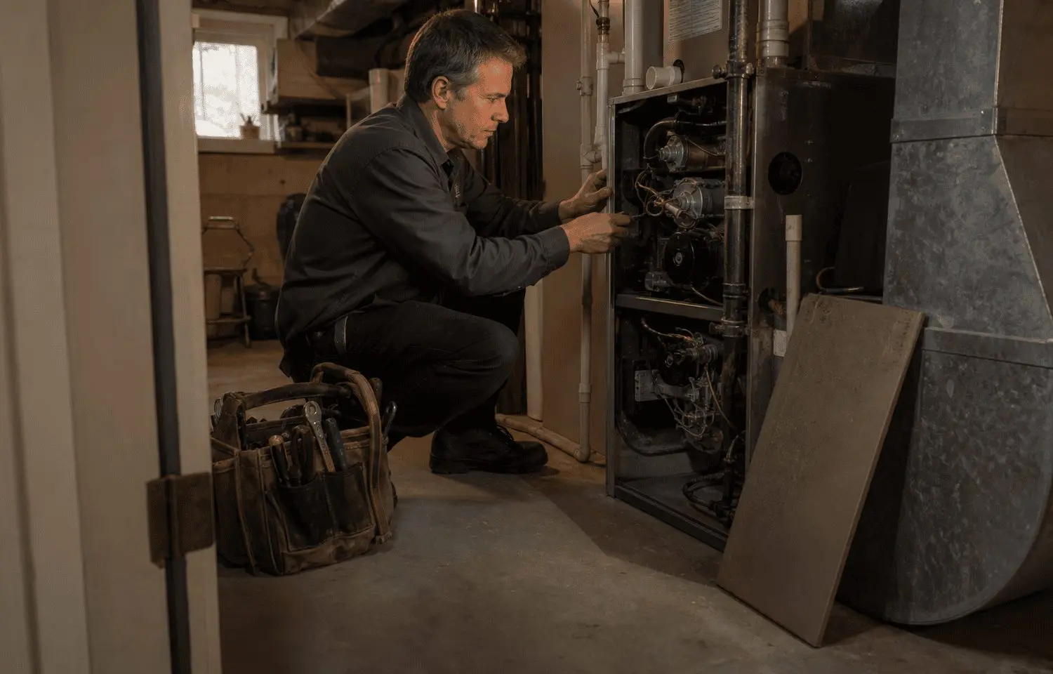 A technician kneels while repairing a furnace in a basement. He is using tools from a nearby tool bag, and the furnace panel is open, revealing wires and components. Warm light fills the room.
