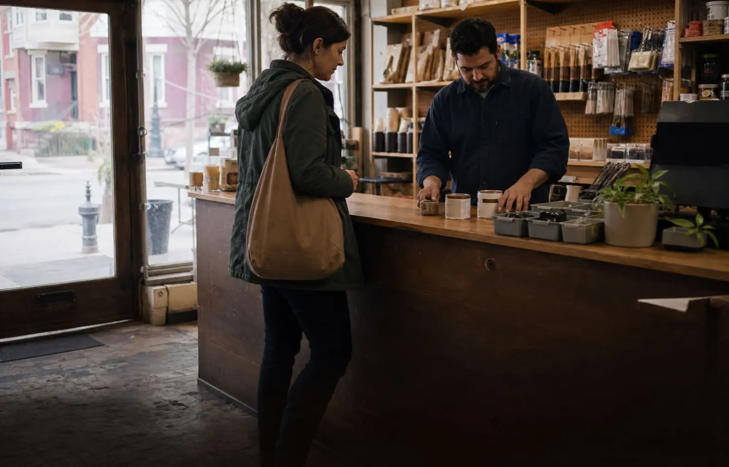 A woman stands at a wooden counter in a shop while a man behind the counter assists her. Shelves with various items are visible in the background. It appears to be a small, cozy store.