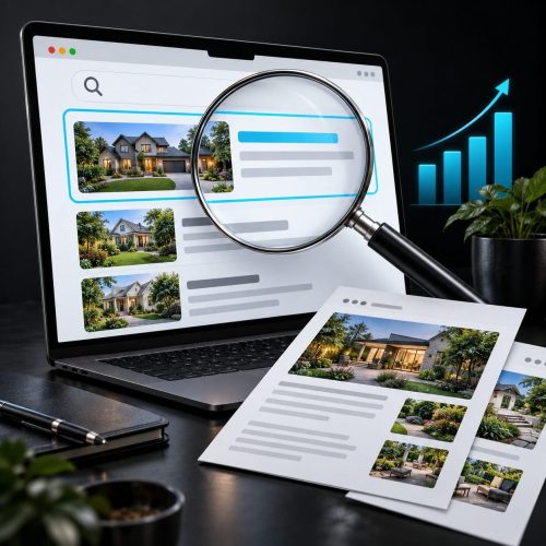 A laptop displays a real estate website with property listings, a magnifying glass highlights a section, printed listings are in the foreground, and a bar graph with an upward arrow appears in the background.